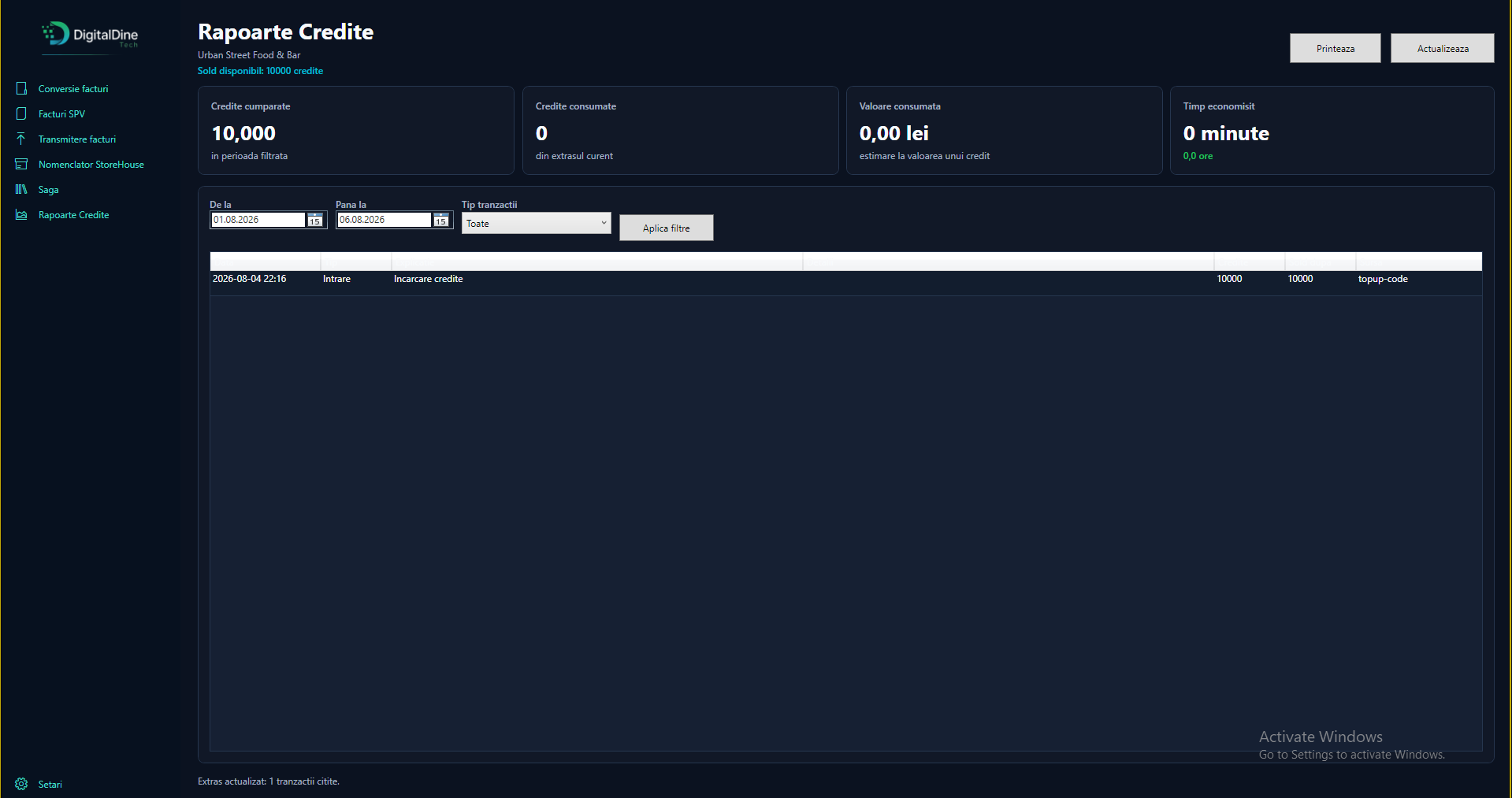 Dashboard și extras de credite EfacturaClone