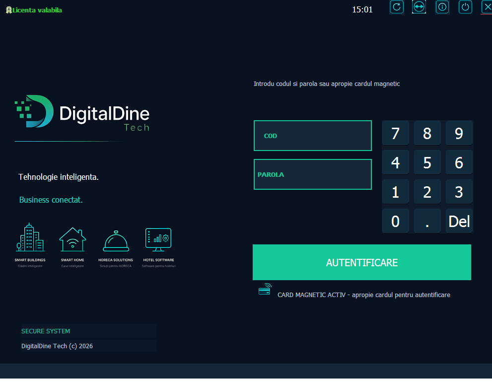 Interfața de autentificare a sistemului Restaurant Software